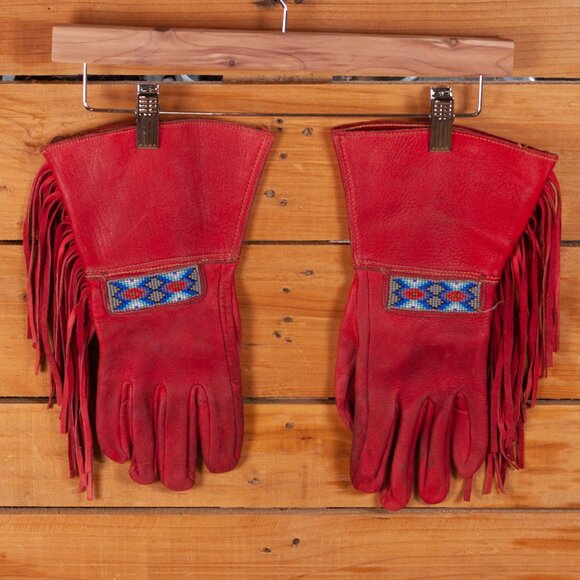 Vintage Handmade Native Style Leather Gauntlet Gloves with Beadwork and Fringe - Picture 1 of 10